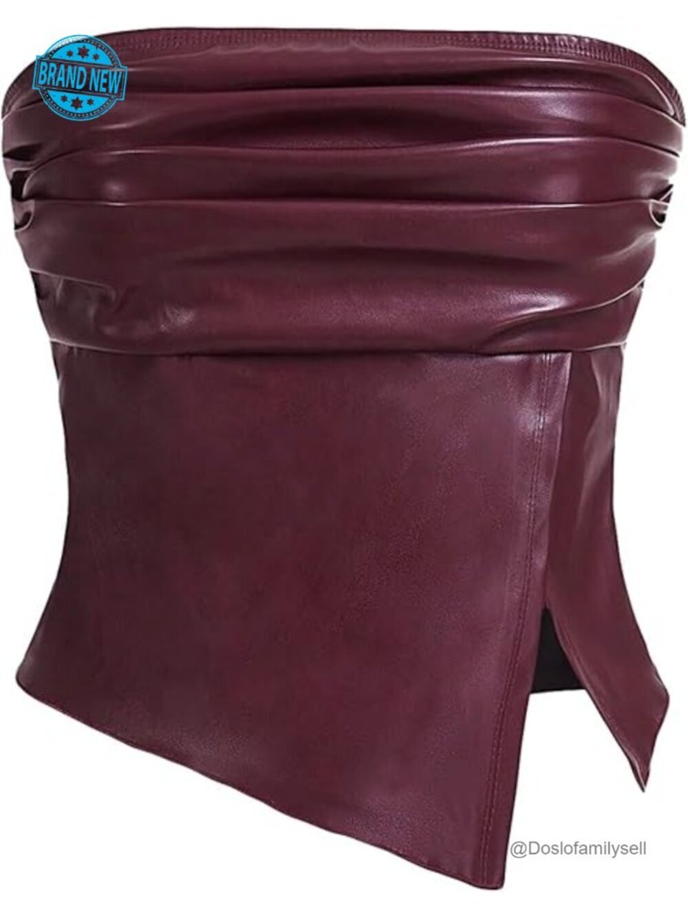 Ruched PU Leather Tube Top Strapless Split Hem Bandeau